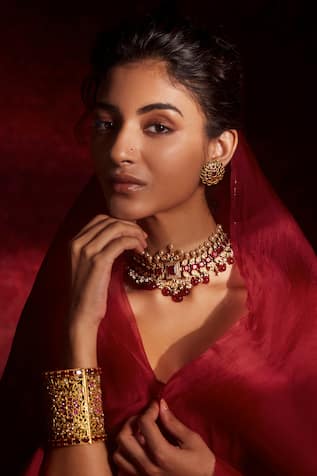 Gold & Maroon Glass Stone Choker 