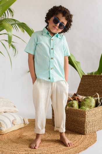 Littleens Blue Leaf Embroidered Shirt 