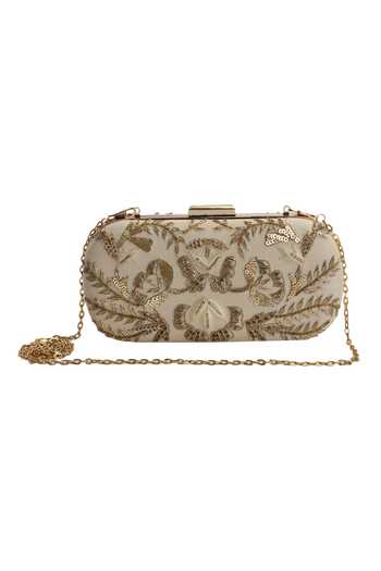 The Purple Sack Beige Embroidered Clutch with Sling 