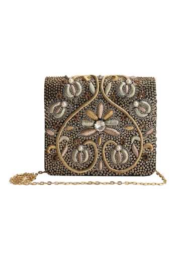 The Purple Sack Embroidered Black Flap Clutch 