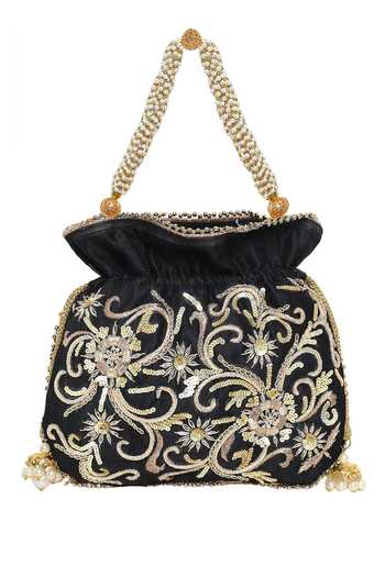 The Purple Sack Floral Embroidered Black Potli Bag 