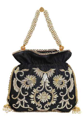 The Purple Sack Floral Embroidered Black Potli Bag 