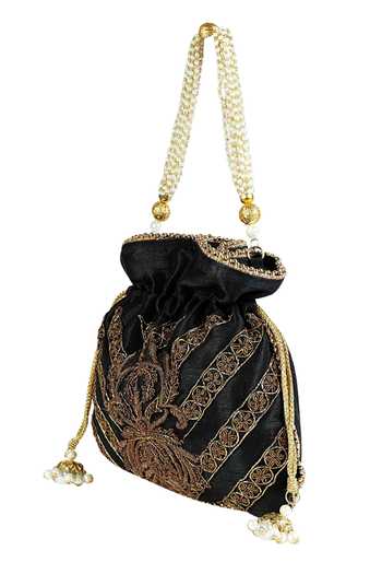 The Purple Sack Embroidered Black Raw Silk Potli Bag 
