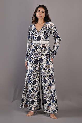 Bohame Dahlia Floral Print Jumpsuit With Belt