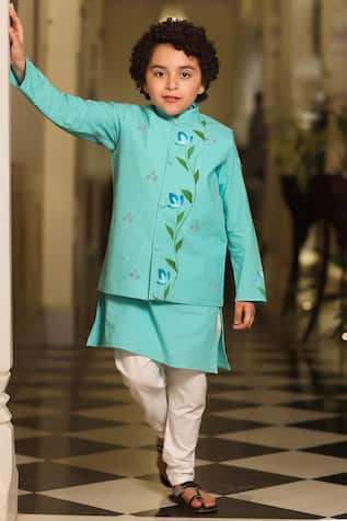 Turquoise Floral Bundi & Kurta Set 