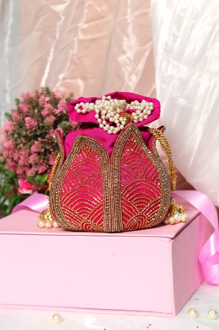 NR BY NIDHI RATHI Silk Lotus Embroidered Potli Bag