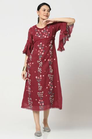 Linen Floral Embroidered Midi Dress