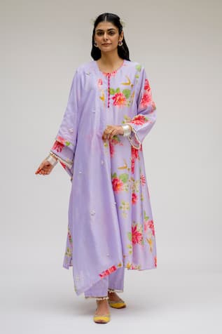 Floral Printed Chanderi Silk Kurta Set For Kids