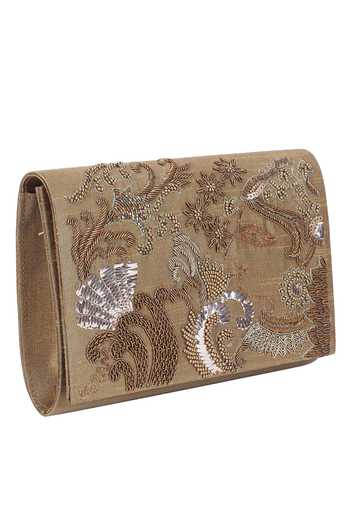 The Purple Sack Beige Embroidered Flap Clutch with Sling 