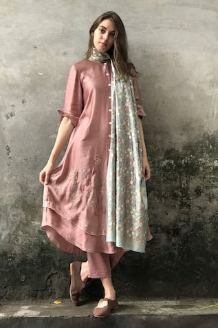 Satin Linen Embroidered Kurta Set 