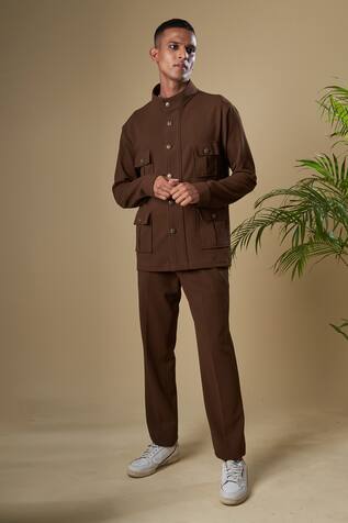 Buy Brown Cotton Lycra Solid Flap Pocket Jacket And Pant Set For