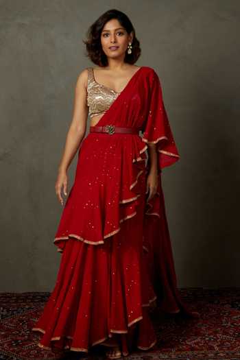 RI.Ritu Kumar Mukaish Work Draped Ruffle Saree With Blouse 