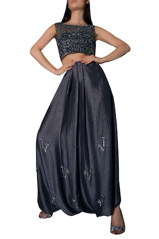 Embellished Dhoti Pants With Crop Top 