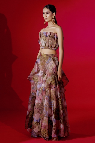 Payal & Zinal Organza Ocean Print Skirt Set