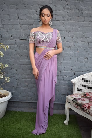 Lilac Embroidered Pre-Draped Saree Set For Kids