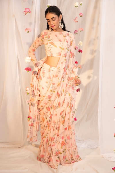 Esha Koul Floral Print Ruffle Saree With Blouse