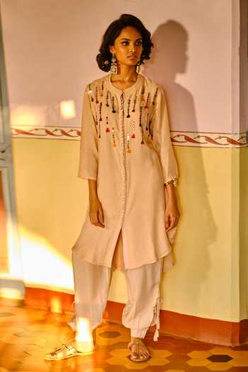 Beige Silk Modal Embroidered Kurta 
