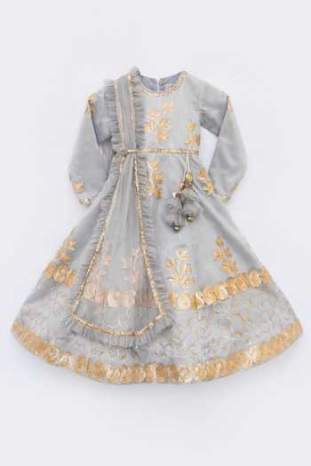 FAYON KIDS Grey Embroidered Anarkali Set 