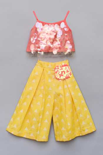 FAYON KIDS Pink Sequins Embellished Crop Top & Palazzo Set 