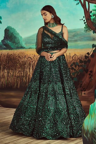 Fern Green Embroidered Velvet Bridal Lehenga Choli