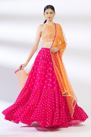 Pink & Orange Ombre Crepe Silk Leaf Printed Lehenga Set Design by Label  PS'B at Pernia's Pop Up Shop 2024