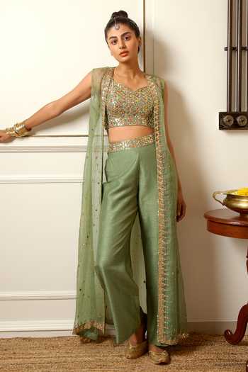 Loka By Veerali Raveshia Organza Embroidered Cape & Pant Set 