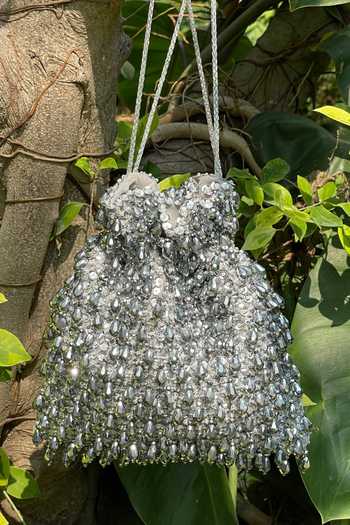 Bhavna Kumar Silver Embroidered Velvet Potli Bag 