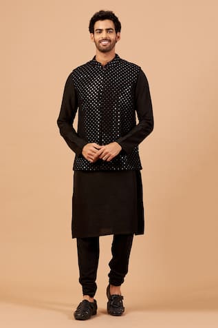Mirror Work Black Bundi & Kurta Set For Kids