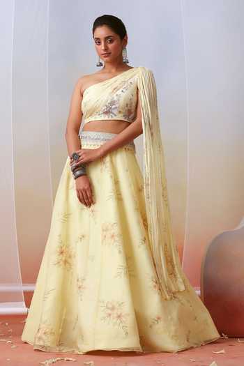 ISHA GUPTA TAYAL Printed One Shoulder Blouse & Lehenga Set 