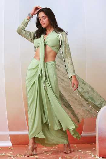 ISHA GUPTA TAYAL Printed Jacket & Draped Skirt Set 