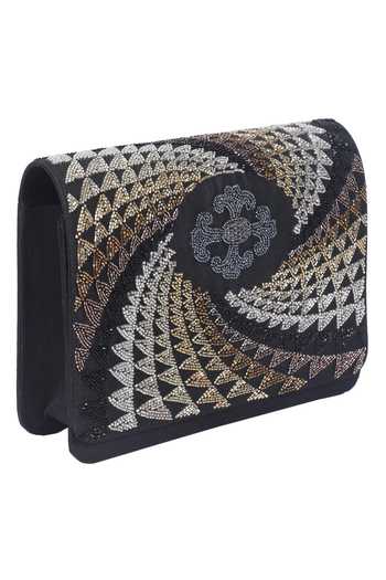 The Purple Sack Embroidered Black Flap Clutch with Sling 