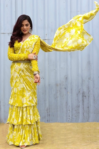 Paulmi and Harsh Printed Ruffle Pre-Draped Saree Set