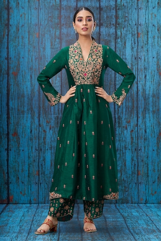 Bottle Green Bandhani on Silk Kurta with Mirror Work – Naina Jain
