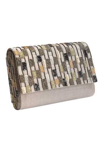 The Purple Sack Embroidered Silver Flap Clutch 