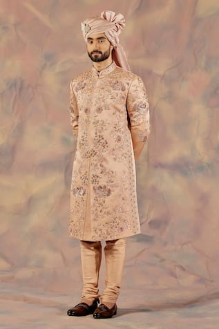 Linen Silk Embroidered Sherwani Set 