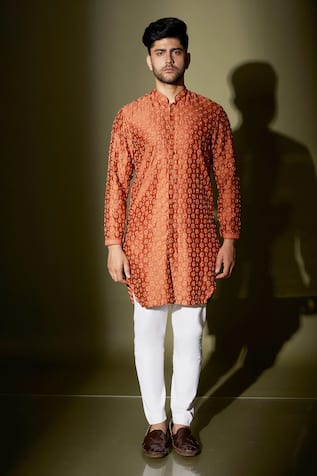 Rust Thread Embroidered Kurta & Pant Set For Kids