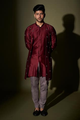 Maroon Chanderi Silk Kurta Set For Kids
