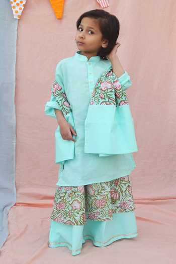 THE COTTON STAPLE Ice Blue Printed Kurta & Lehenga Set 