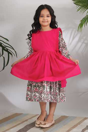 THE COTTON STAPLE Floral Printed Dress with Pink Outer Layer 