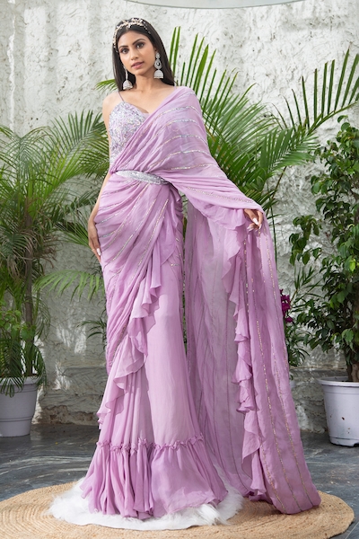 Purple Viscose Gaji Silk Ruffled Saree With Corset Blouse Wedding Wear