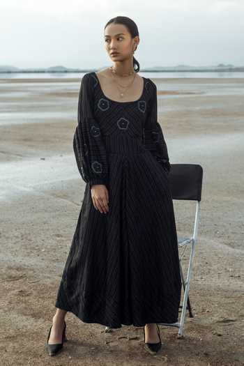 The Loom Art Black Pure Handwoven Silk Scoop Neck Embroidered Dress| AZA Fashions| Party