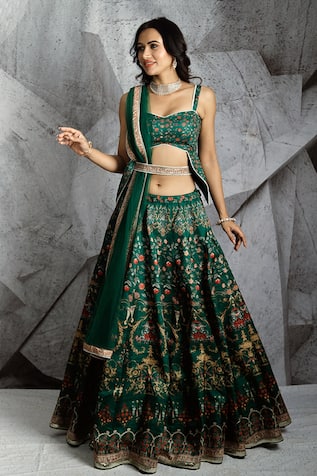 Odette Women Dark Green Semi Stitched Lehenga With Unstitched Blouse