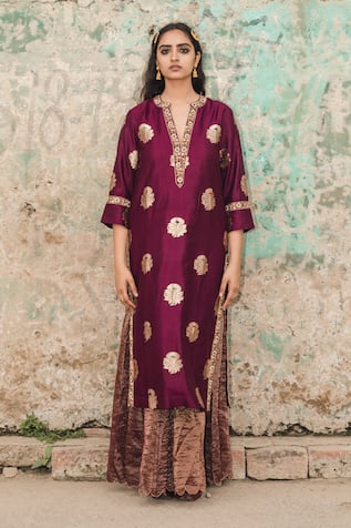 Plum Floral Embroidered Kurta Sharara Set For Kids