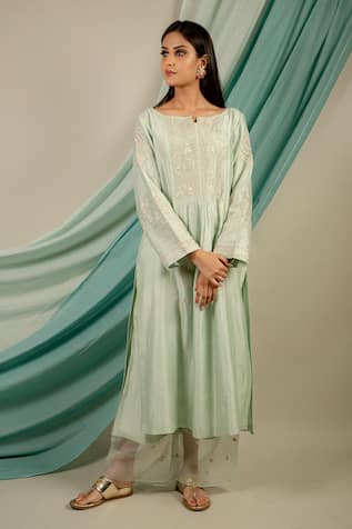 Pastel Green Embroidered Chanderi Silk Kurta For Kids