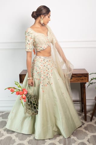 Mint Green Embroidered Lehenga Set For Kids