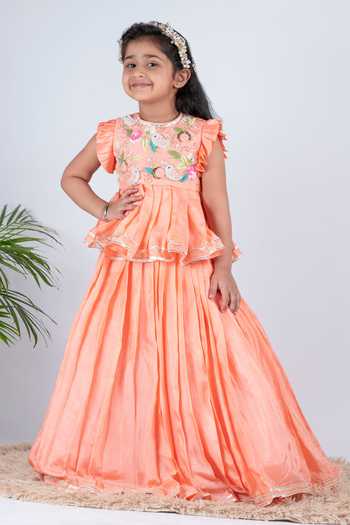 Lil Angels Peach Embellished Blouse & Lehenga Set 