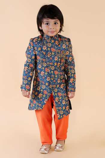 Lil Angels Floral Printed Blue Sherwani Set 