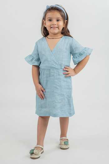 MR Brat Light Blue Linen Dress with Frill Sleeves 