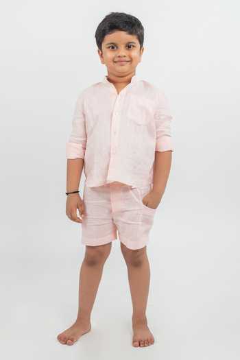 MR Brat Light Pink Linen Shirt & Shorts Set 