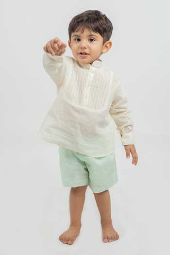 MR Brat White Cotton Shirt & Green Shorts Set 